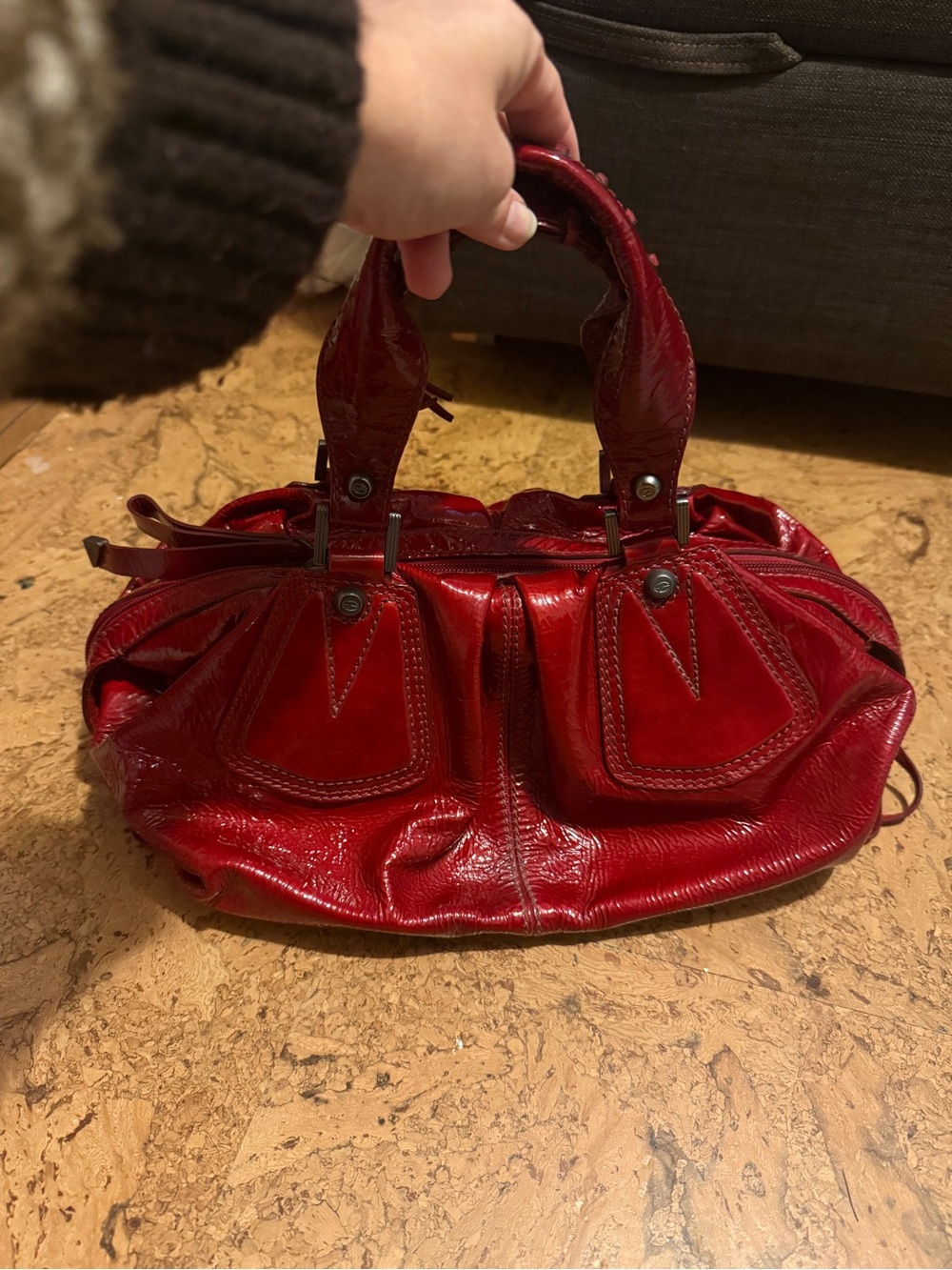 Women's Red Leather Hobo Handbag with Top Handles - Picture 3 of 7
